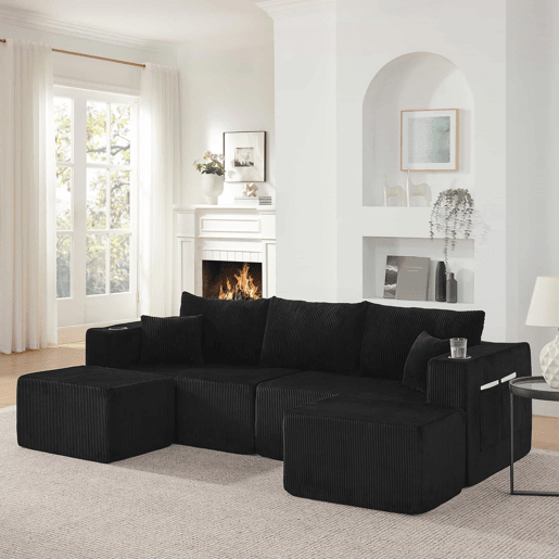 Sofá modular de canto de 3 lugares - em forma de L com pufes móveis, tecido de veludo cotelê macio, porta-copos, bolso lateral e almofadas - Preto Sofá modular de canto de 3 lugares - em forma de L com pufes móveis, tecido de veludo cotelê macio, porta-copos, bolso lateral e almofadas - Preto