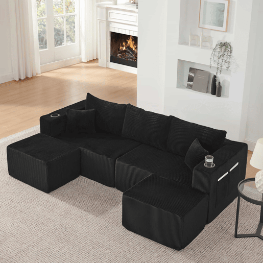 Sofá modular de canto de 3 lugares - em forma de L com pufes móveis, tecido de veludo cotelê macio, porta-copos, bolso lateral e almofadas - Preto Sofá modular de canto de 3 lugares - em forma de L com pufes móveis, tecido de veludo cotelê macio, porta-copos, bolso lateral e almofadas - Preto