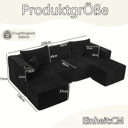 Sofá modular de canto de 3 lugares - em forma de L com pufes móveis, tecido de veludo cotelê macio, porta-copos, bolso lateral e almofadas - Preto Sofá modular de canto de 3 lugares - em forma de L com pufes móveis, tecido de veludo cotelê macio, porta-copos, bolso lateral e almofadas - Preto
