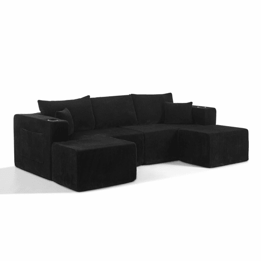 Sofá modular de canto de 3 lugares - em forma de L com pufes móveis, tecido de veludo cotelê macio, porta-copos, bolso lateral e almofadas - Preto Sofá modular de canto de 3 lugares - em forma de L com pufes móveis, tecido de veludo cotelê macio, porta-copos, bolso lateral e almofadas - Preto