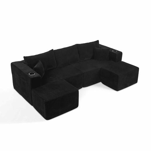 Sofá modular de canto de 3 lugares - em forma de L com pufes móveis, tecido de veludo cotelê macio, porta-copos, bolso lateral e almofadas - Preto Sofá modular de canto de 3 lugares - em forma de L com pufes móveis, tecido de veludo cotelê macio, porta-copos, bolso lateral e almofadas - Preto