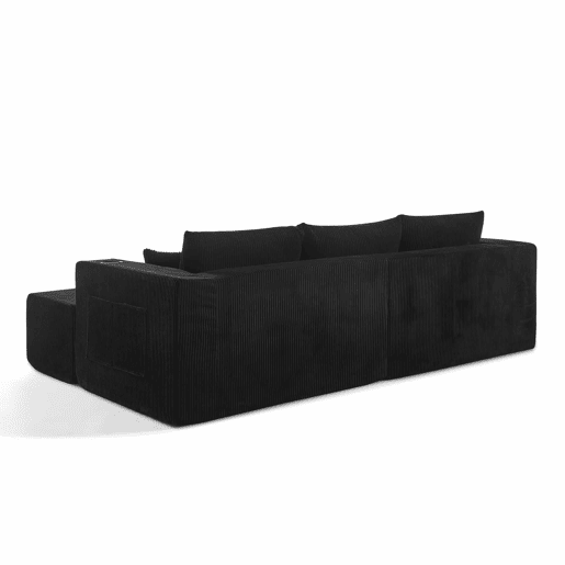 Sofá modular de canto de 3 lugares - em forma de L com pufes móveis, tecido de veludo cotelê macio, porta-copos, bolso lateral e almofadas - Preto Sofá modular de canto de 3 lugares - em forma de L com pufes móveis, tecido de veludo cotelê macio, porta-copos, bolso lateral e almofadas - Preto
