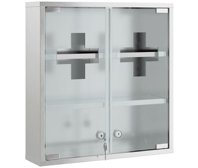 Homcom botiquín de pared de primeros auxilios, botiquín de medicinas de 3 niveles con 2 puertas de cristal, estantes, cerradura y 2 llaves, para baño, cocina, 46x12x48 cm, plateado