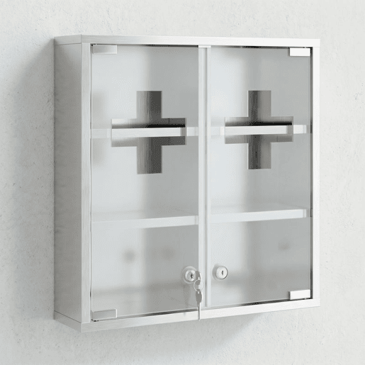 HOMCOM Armário de Medicamentos de Parede 3 Níveis com 2 Portas de Vidro, Prateleiras, Fechadura e 2 Chaves, para Casa de Banho e Cozinha, 46x12x48 cm, Prateado HOMCOM Armário de Medicamentos de Parede 3 Níveis com 2 Portas de Vidro, Prateleiras, Fechadura e 2 Chaves, para Casa de Banho e Cozinha, 46x12x48 cm, Prateado