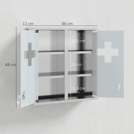 HOMCOM Armário de Medicamentos de Parede 3 Níveis com 2 Portas de Vidro, Prateleiras, Fechadura e 2 Chaves, para Casa de Banho e Cozinha, 46x12x48 cm, Prateado HOMCOM Armário de Medicamentos de Parede 3 Níveis com 2 Portas de Vidro, Prateleiras, Fechadura e 2 Chaves, para Casa de Banho e Cozinha, 46x12x48 cm, Prateado