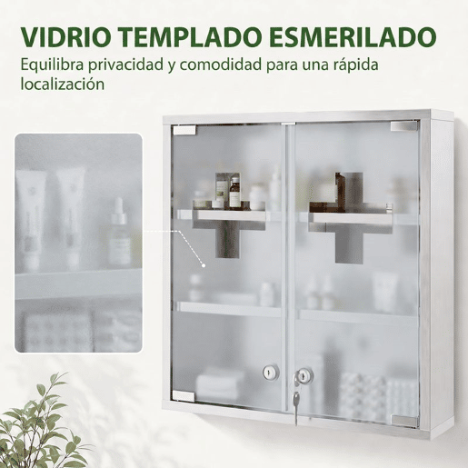 HOMCOM Armário de Medicamentos de Parede 3 Níveis com 2 Portas de Vidro, Prateleiras, Fechadura e 2 Chaves, para Casa de Banho e Cozinha, 46x12x48 cm, Prateado HOMCOM Armário de Medicamentos de Parede 3 Níveis com 2 Portas de Vidro, Prateleiras, Fechadura e 2 Chaves, para Casa de Banho e Cozinha, 46x12x48 cm, Prateado