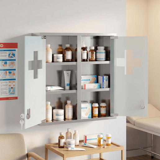 HOMCOM Armário de Medicamentos de Parede 3 Níveis com 2 Portas de Vidro, Prateleiras, Fechadura e 2 Chaves, para Casa de Banho e Cozinha, 46x12x48 cm, Prateado HOMCOM Armário de Medicamentos de Parede 3 Níveis com 2 Portas de Vidro, Prateleiras, Fechadura e 2 Chaves, para Casa de Banho e Cozinha, 46x12x48 cm, Prateado
