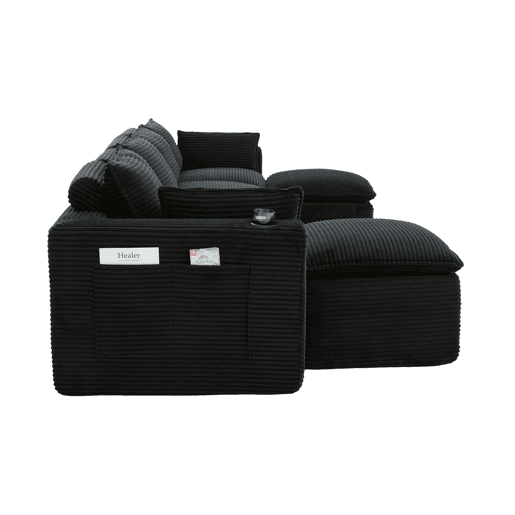 Sofá modular de 4 lugares - 2 apoios para os pés, almofadas, porta-copos, bolsos laterais, espumamolas, recuperação rápida, modular - veludo cotelê preto Sofá modular de 4 lugares - 2 apoios para os pés, almofadas, porta-copos, bolsos laterais, espumamolas, recuperação rápida, modular - veludo cotelê preto