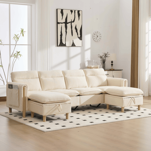 Sofá em U modular de 4 lugares u2014 com duas otomanas com espaço de arrumação, design modular com pés de madeira, tecido de chenille confortável u2014 bege