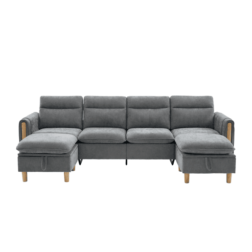Sofá modular em U de 4 lugares u2014 com dois pufes com espaço de arrumação, pés de madeira, design modular, tecido de chenille u2014 cinzento claro