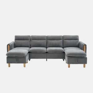 Sofá modular em U de 4 lugares u2014 com dois pufes com espaço de arrumação, pés de madeira, design modular, tecido de chenille u2014 cinzento claro