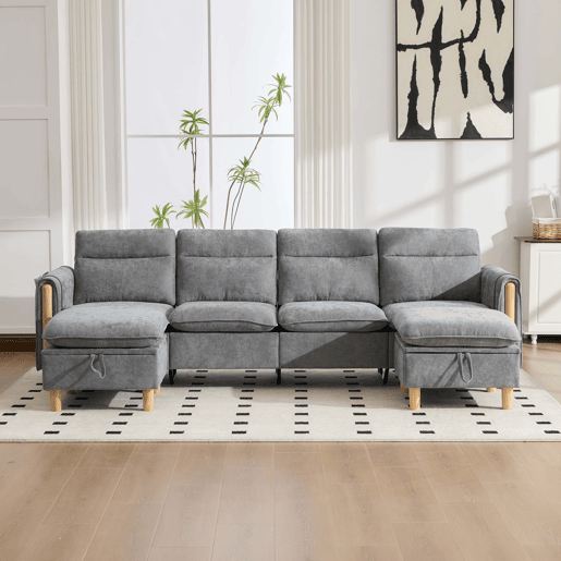 Sofá modular em U de 4 lugares u2014 com dois pufes com espaço de arrumação, pés de madeira, design modular, tecido de chenille u2014 cinzento claro