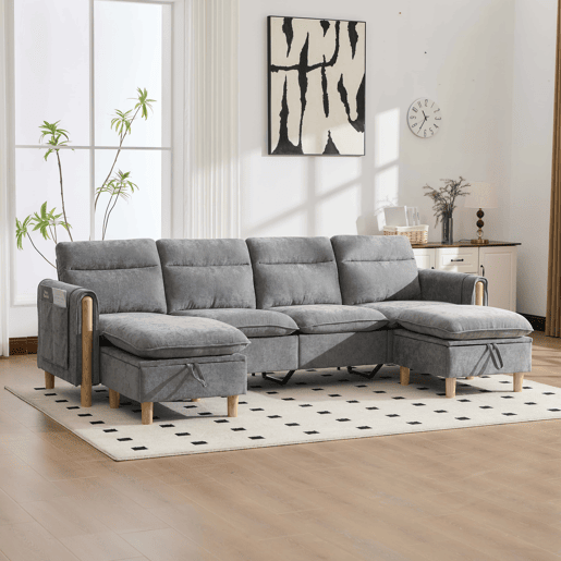 Sofá modular em U de 4 lugares u2014 com dois pufes com espaço de arrumação, pés de madeira, design modular, tecido de chenille u2014 cinzento claro