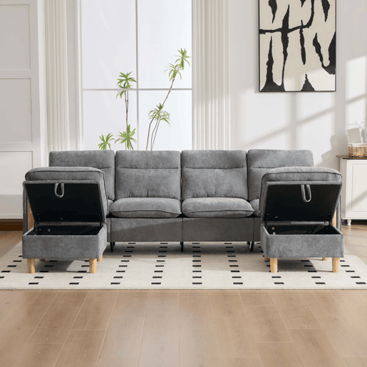 Sofá modular em U de 4 lugares u2014 com dois pufes com espaço de arrumação, pés de madeira, design modular, tecido de chenille u2014 cinzento claro