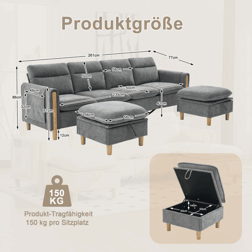 Sofá modular em U de 4 lugares u2014 com dois pufes com espaço de arrumação, pés de madeira, design modular, tecido de chenille u2014 cinzento claro
