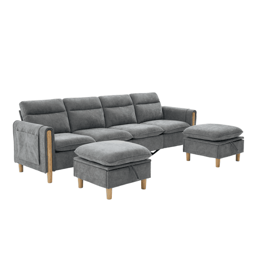 Sofá modular em U de 4 lugares u2014 com dois pufes com espaço de arrumação, pés de madeira, design modular, tecido de chenille u2014 cinzento claro