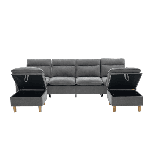 Sofá modular em U de 4 lugares u2014 com dois pufes com espaço de arrumação, pés de madeira, design modular, tecido de chenille u2014 cinzento claro