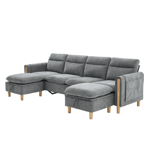 Sofá modular em U de 4 lugares u2014 com dois pufes com espaço de arrumação, pés de madeira, design modular, tecido de chenille u2014 cinzento claro