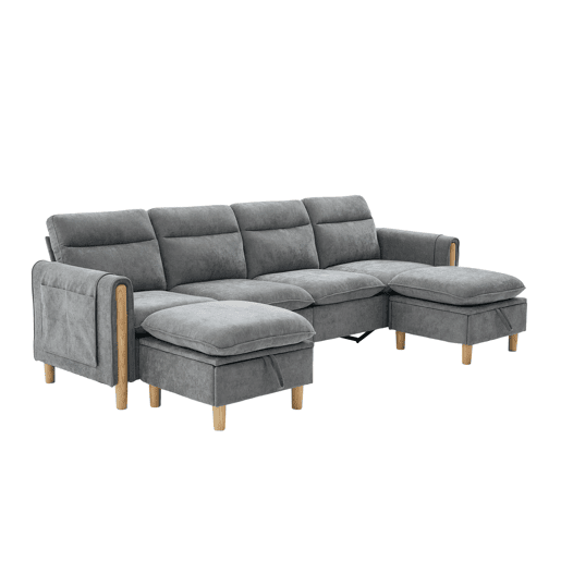 Sofá modular em U de 4 lugares u2014 com dois pufes com espaço de arrumação, pés de madeira, design modular, tecido de chenille u2014 cinzento claro