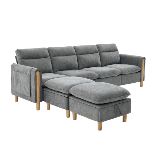 Sofá modular em U de 4 lugares u2014 com dois pufes com espaço de arrumação, pés de madeira, design modular, tecido de chenille u2014 cinzento claro