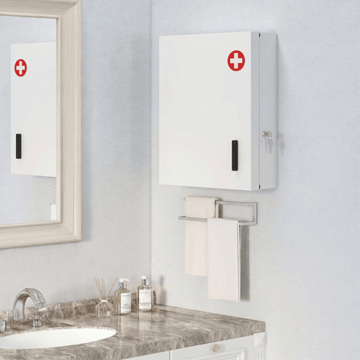 HOMCOM Armário de Medicamentos de Parede com 6 Zonas de Arrumação, Fechadura e 2 Chaves, em Aço, 40x18x60 cm, Branco HOMCOM Armário de Medicamentos de Parede com 6 Zonas de Arrumação, Fechadura e 2 Chaves, em Aço, 40x18x60 cm, Branco
