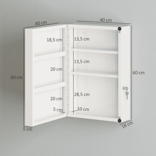 HOMCOM Armário de Medicamentos de Parede com 6 Zonas de Arrumação, Fechadura e 2 Chaves, em Aço, 40x18x60 cm, Branco HOMCOM Armário de Medicamentos de Parede com 6 Zonas de Arrumação, Fechadura e 2 Chaves, em Aço, 40x18x60 cm, Branco