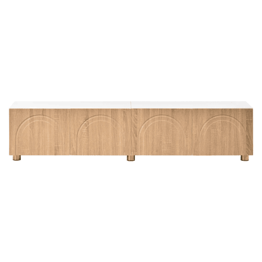Móvel de TV tipo lowboard sem dimensões específicas - 4 portas, relevo arqueado, pés metálicos, moderno - Natural e branco Móvel de TV tipo lowboard sem dimensões específicas - 4 portas, relevo arqueado, pés metálicos, moderno - Natural e branco
