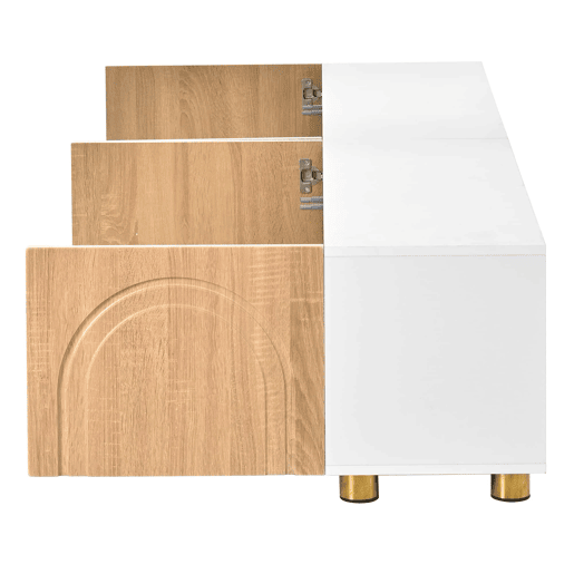 Móvel de TV tipo lowboard sem dimensões específicas - 4 portas, relevo arqueado, pés metálicos, moderno - Natural e branco Móvel de TV tipo lowboard sem dimensões específicas - 4 portas, relevo arqueado, pés metálicos, moderno - Natural e branco