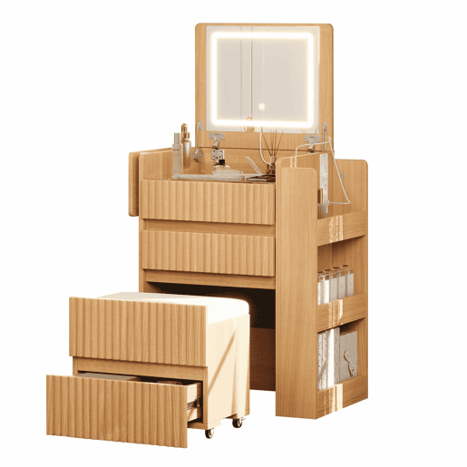 Penteadeira 79 x 120 x 40 cm - espelho LED dobrĂ¡vel, tomadas, USB e Type-C, 3 gavetas e banco com rodas - Natural Penteadeira 79 x 120 x 40 cm - espelho LED dobrĂ¡vel, tomadas, USB e Type-C, 3 gavetas e banco com rodas - Natural