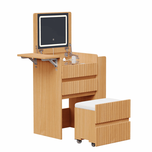 Penteadeira 79 x 120 x 40 cm - espelho LED dobrĂ¡vel, tomadas, USB e Type-C, 3 gavetas e banco com rodas - Natural Penteadeira 79 x 120 x 40 cm - espelho LED dobrĂ¡vel, tomadas, USB e Type-C, 3 gavetas e banco com rodas - Natural