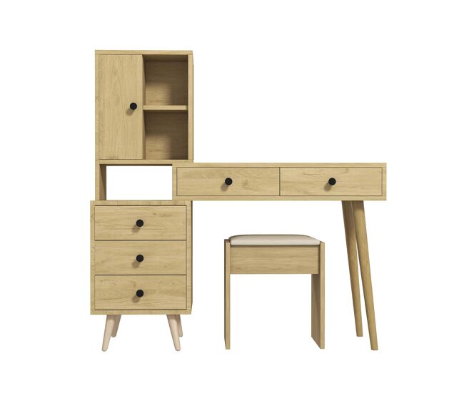 Mesa de tocador moderna con espejo y almacenamiento 4 plazas - espejo retráctil, 5 cajones, armario lateral, taburete acolchado, acabado madera