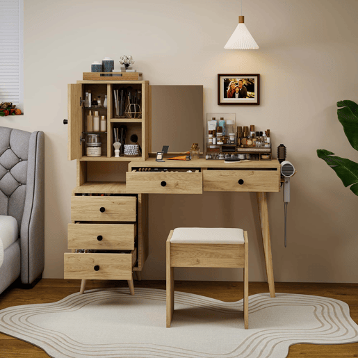 Mesa de maquilhagem moderna com espelho e arrumação para 4 pessoas - espelho retrátil, 5 gavetas, armário lateral, banco almofadado, acabamento em madeira natural - Natural+Beige Mesa de maquilhagem moderna com espelho e arrumação para 4 pessoas - espelho retrátil, 5 gavetas, armário lateral, banco almofadado, acabamento em madeira natural - Natural+Beige