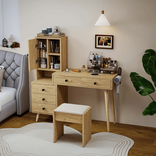 Mesa de maquilhagem moderna com espelho e arrumação para 4 pessoas - espelho retrátil, 5 gavetas, armário lateral, banco almofadado, acabamento em madeira natural - Natural+Beige Mesa de maquilhagem moderna com espelho e arrumação para 4 pessoas - espelho retrátil, 5 gavetas, armário lateral, banco almofadado, acabamento em madeira natural - Natural+Beige
