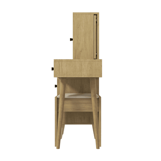 Mesa de maquilhagem moderna com espelho e arrumação para 4 pessoas - espelho retrátil, 5 gavetas, armário lateral, banco almofadado, acabamento em madeira natural - Natural+Beige Mesa de maquilhagem moderna com espelho e arrumação para 4 pessoas - espelho retrátil, 5 gavetas, armário lateral, banco almofadado, acabamento em madeira natural - Natural+Beige