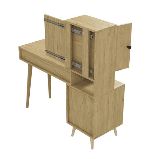 Mesa de maquilhagem moderna com espelho e arrumação para 4 pessoas - espelho retrátil, 5 gavetas, armário lateral, banco almofadado, acabamento em madeira natural - Natural+Beige Mesa de maquilhagem moderna com espelho e arrumação para 4 pessoas - espelho retrátil, 5 gavetas, armário lateral, banco almofadado, acabamento em madeira natural - Natural+Beige