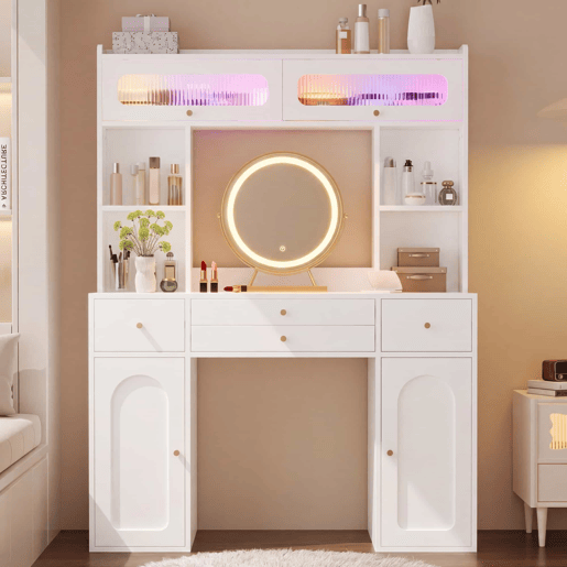 Mesa de maquilhagem com espelho LED 120×40×160 cm - 4 gavetas, 4 prateleiras abertas, 2 compartimentos de arrumação e 2 portas de vidro - Branco Mesa de maquilhagem com espelho LED 120×40×160 cm - 4 gavetas, 4 prateleiras abertas, 2 compartimentos de arrumação e 2 portas de vidro - Branco