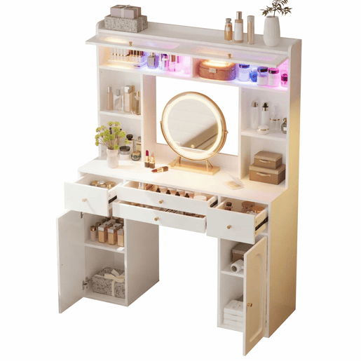 Mesa de maquilhagem com espelho LED 120×40×160 cm - 4 gavetas, 4 prateleiras abertas, 2 compartimentos de arrumação e 2 portas de vidro - Branco Mesa de maquilhagem com espelho LED 120×40×160 cm - 4 gavetas, 4 prateleiras abertas, 2 compartimentos de arrumação e 2 portas de vidro - Branco