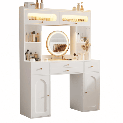 Mesa de maquilhagem com espelho LED 120×40×160 cm - 4 gavetas, 4 prateleiras abertas, 2 compartimentos de arrumação e 2 portas de vidro - Branco Mesa de maquilhagem com espelho LED 120×40×160 cm - 4 gavetas, 4 prateleiras abertas, 2 compartimentos de arrumação e 2 portas de vidro - Branco