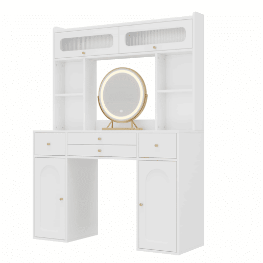 Mesa de maquilhagem com espelho LED 120×40×160 cm - 4 gavetas, 4 prateleiras abertas, 2 compartimentos de arrumação e 2 portas de vidro - Branco Mesa de maquilhagem com espelho LED 120×40×160 cm - 4 gavetas, 4 prateleiras abertas, 2 compartimentos de arrumação e 2 portas de vidro - Branco