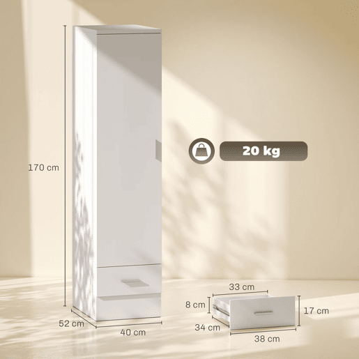 HOMCOM Roupeiro Moderno para Quarto com Barra de Pendurar, Gaveta e Prateleira Superior, 40x52x170 cm, Branco HOMCOM Roupeiro Moderno para Quarto com Barra de Pendurar, Gaveta e Prateleira Superior, 40x52x170 cm, Branco