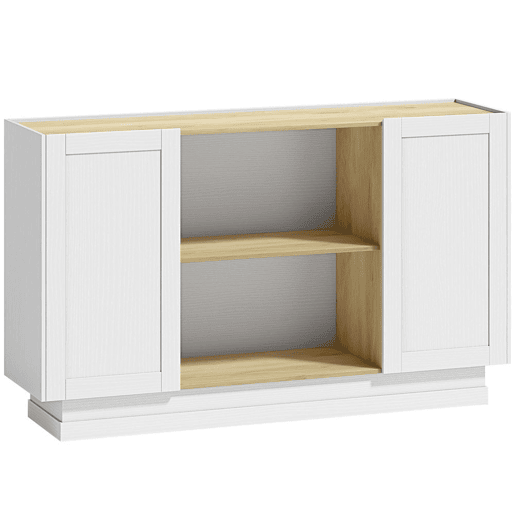 HOMCOM Aparador de Cozinha Moderno com 2 Prateleiras Abertas e 2 Portas de Fecho Suave, Móvel de TV para 60 Polegadas, para Sala de Estar ou Sala de Jantar, 133x35x79,7 cm, Madeira Natural e Branco HOMCOM Aparador de Cozinha Moderno com 2 Prateleiras Abertas e 2 Portas de Fecho Suave, Móvel de TV para 60 Polegadas, para Sala de Estar ou Sala de Jantar, 133x35x79,7 cm, Madeira Natural e Branco