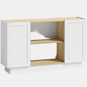 HOMCOM Aparador de Cozinha Moderno com 2 Prateleiras Abertas e 2 Portas de Fecho Suave, Móvel de TV para 60 Polegadas, para Sala de Estar ou Sala de Jantar, 133x35x79,7 cm, Madeira Natural e Branco