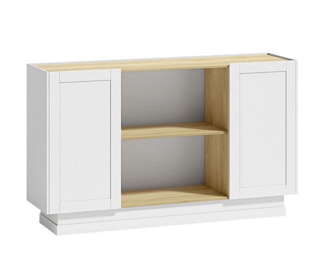 Homcom aparador, armario de cocina moderno con 2 estantes abiertos y 2 puertas de cierre suave, mueble de tv para 60 pulgadas, aparador para salón, comedor, 133x35x79,7 cm, madera natural y blanco