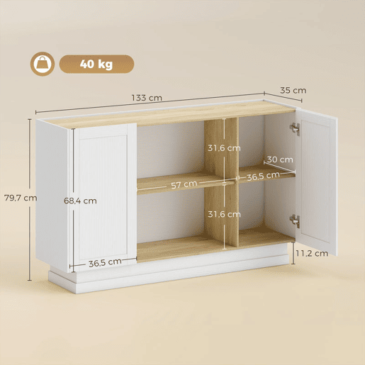HOMCOM Aparador de Cozinha Moderno com 2 Prateleiras Abertas e 2 Portas de Fecho Suave, Móvel de TV para 60 Polegadas, para Sala de Estar ou Sala de Jantar, 133x35x79,7 cm, Madeira Natural e Branco HOMCOM Aparador de Cozinha Moderno com 2 Prateleiras Abertas e 2 Portas de Fecho Suave, Móvel de TV para 60 Polegadas, para Sala de Estar ou Sala de Jantar, 133x35x79,7 cm, Madeira Natural e Branco