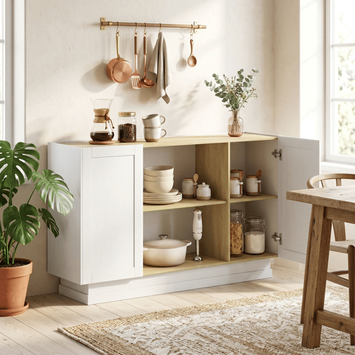HOMCOM Aparador de Cozinha Moderno com 2 Prateleiras Abertas e 2 Portas de Fecho Suave, Móvel de TV para 60 Polegadas, para Sala de Estar ou Sala de Jantar, 133x35x79,7 cm, Madeira Natural e Branco HOMCOM Aparador de Cozinha Moderno com 2 Prateleiras Abertas e 2 Portas de Fecho Suave, Móvel de TV para 60 Polegadas, para Sala de Estar ou Sala de Jantar, 133x35x79,7 cm, Madeira Natural e Branco
