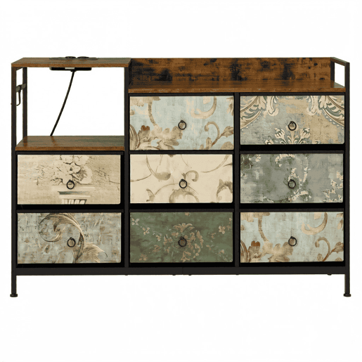 Armário de entrada 132 x 29 x 88 cm - estilo vintage com gavetas, espaço de arrumação e tomada múltipla - multicolorido