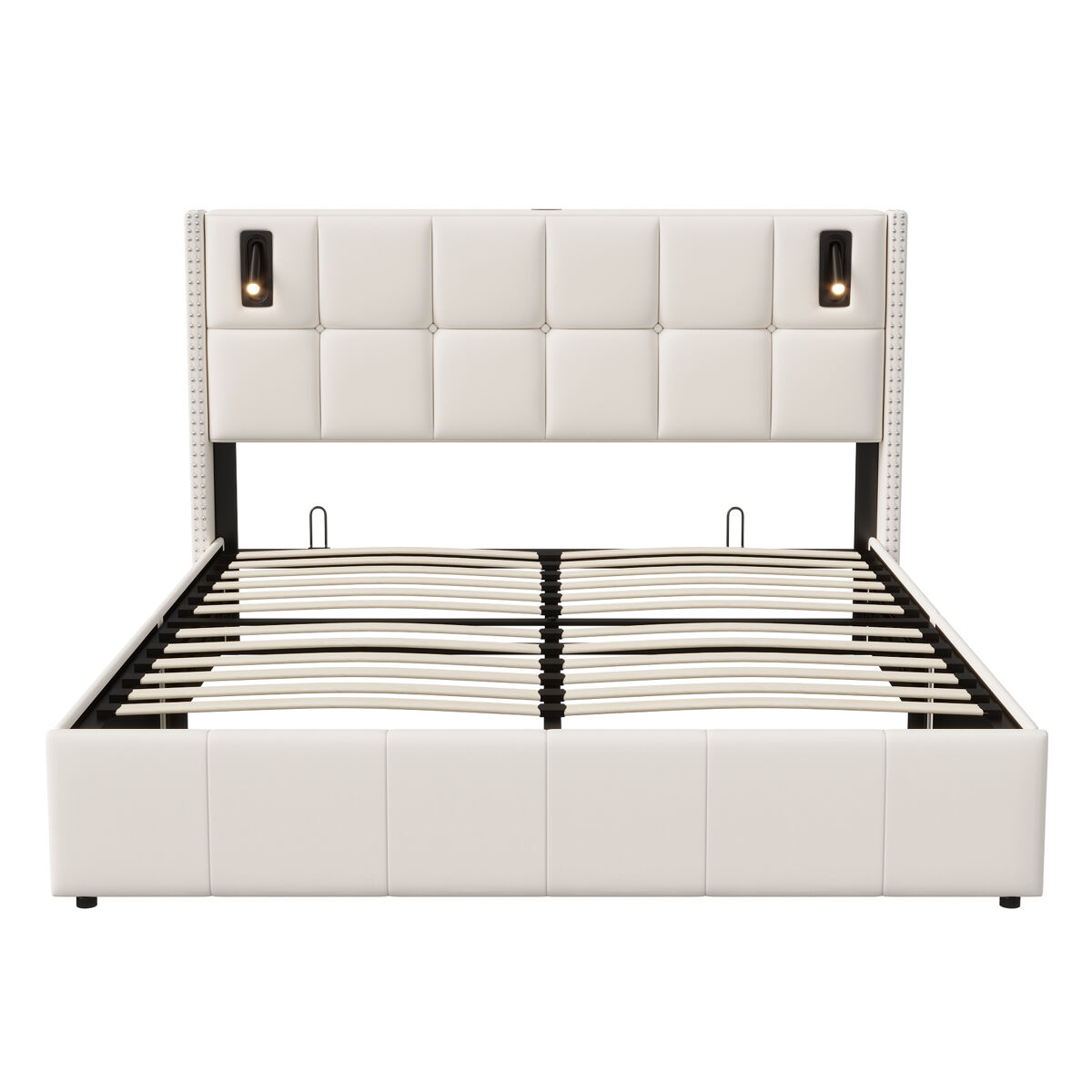 Cama tapizada 140x200 cm, cama doble con luz de lectura, canapé hidráulico con láminas de madera maciza y metal, color beige