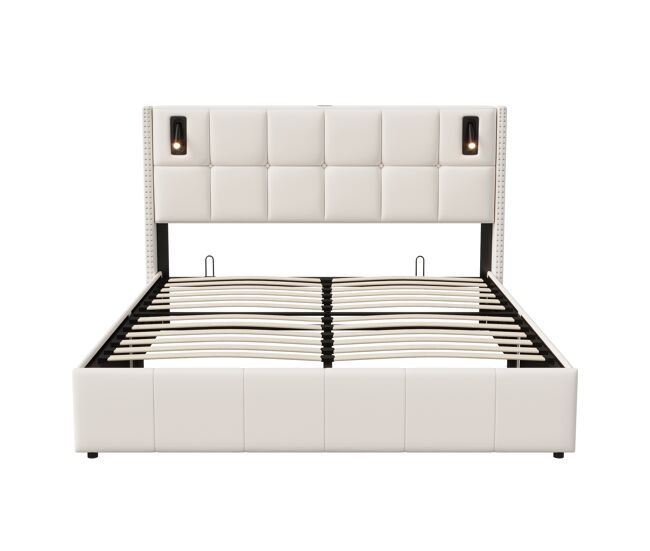 Cama tapizada 140x200 cm, cama doble con luz de lectura, canapé hidráulico con láminas de madera maciza y metal, color beige