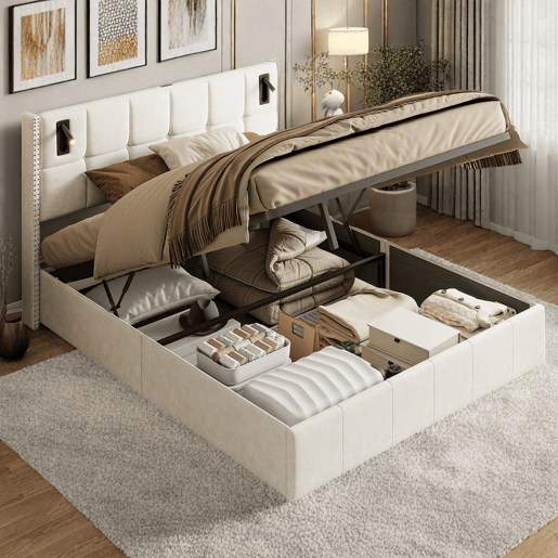 Cama estofada 140 x 200 cm, cama de casal com luz de leitura, cama de armazenamento hidráulica com ripas de madeira maciça e metal, bege