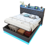 Cama de casal de linho 140x200 cm com armazenamento e luz led,cinza